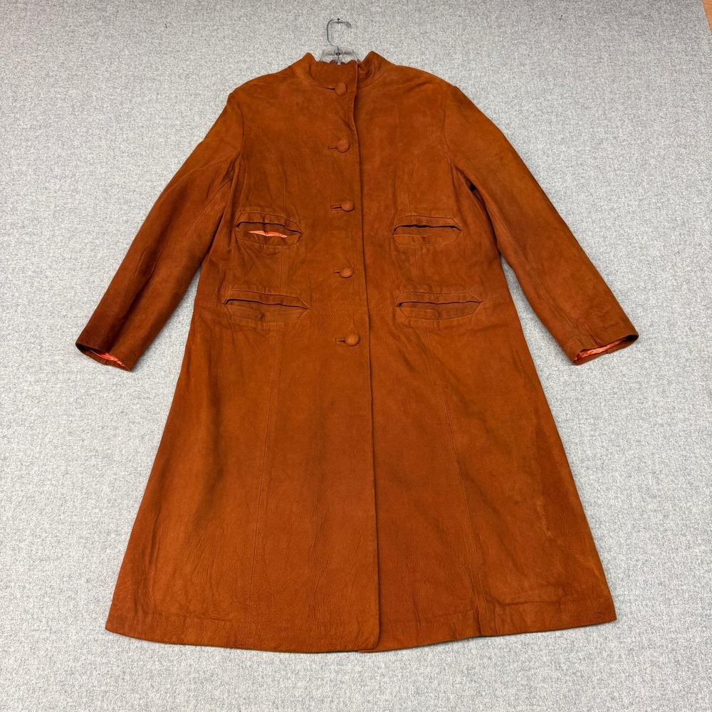 Wicking Suede Leather Coat Size L Burnt Orange Rust Mock Neck Vintage Lined Long